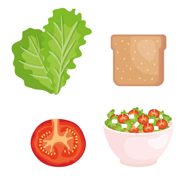 Set sla met volkoren brood en tomaat met salade — Stockvector