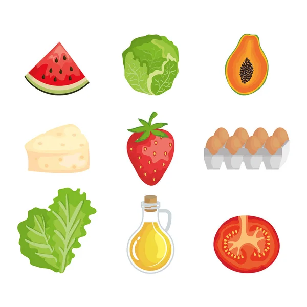 Conjunto de verduras y frutas ecológicas nutrición fresca — Archivo Imágenes Vectoriales