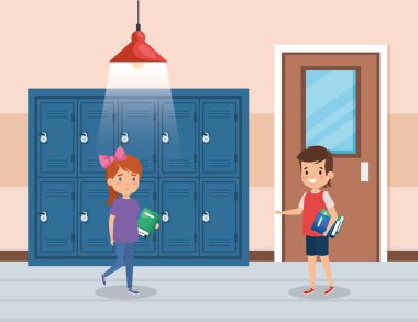 kitap ve dolap ile kız ve erkek öğrenciler