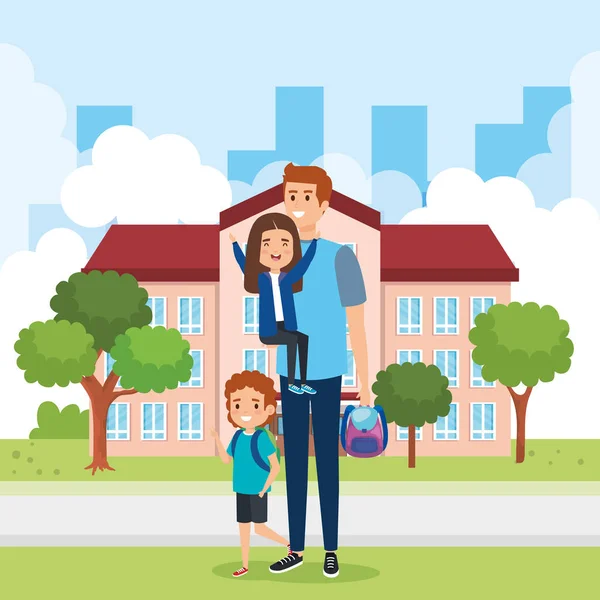 Pai com menina e menino estudantes com mochila — Vetor de Stock