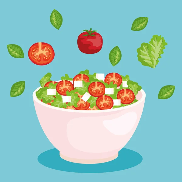 Salada com tomate fresco e alface com queijo e folhas — Vetor de Stock