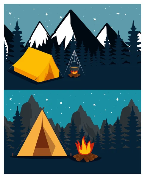 Set of camp with firewood food and snowy mountains — Stock Vector