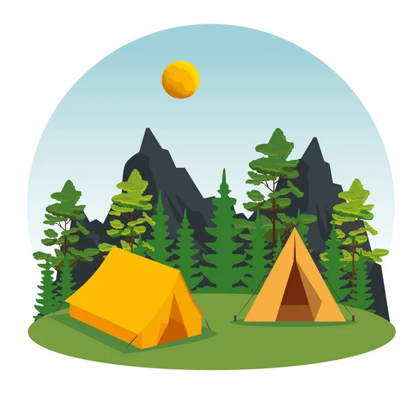 Camp mit Pinien und Bergen mit Sonne — Stockvektor