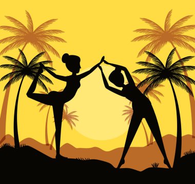 kadınlar avuç içi ve dağlar ile yoga uygulama