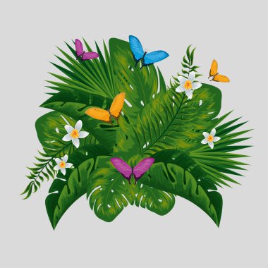 çiçek bitkiler ve yaprakları ile egzotik kelebekler