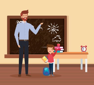 okul sahnesinde öğrenci çocuk ile erkek öğretmen