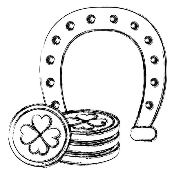 Monedas de pila con trébol y herradura — Vector de stock
