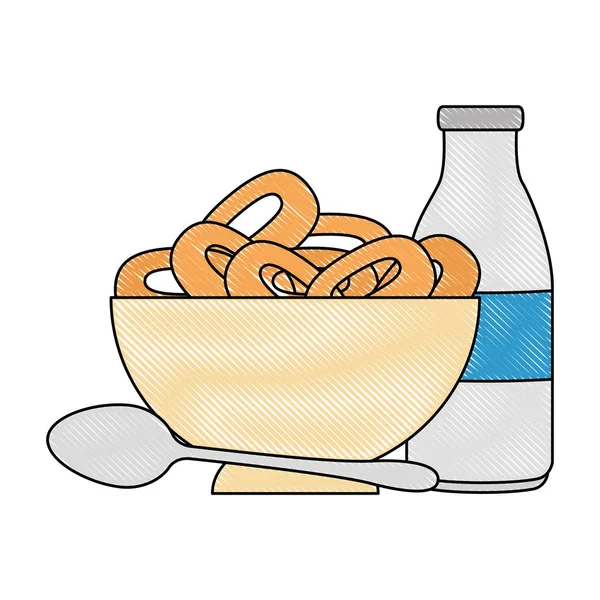 Piatto di cereali con cucchiaio e bottiglia di latte — Vettoriale Stock