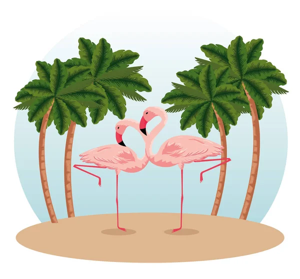 Trópusi flamingók egzotikus pálmák fák — Stock Vector