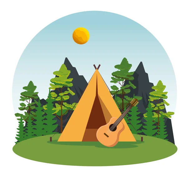 Camp avec guitare et nature paysage explorer — Image vectorielle