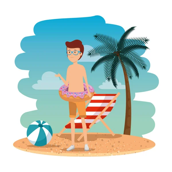 Joven con traje de baño y rosquilla flotante en la playa — Vector de stock