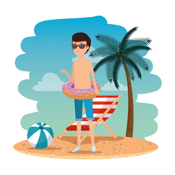 Joven con gafas de sol y rosquilla flotante en la playa — Vector de stock