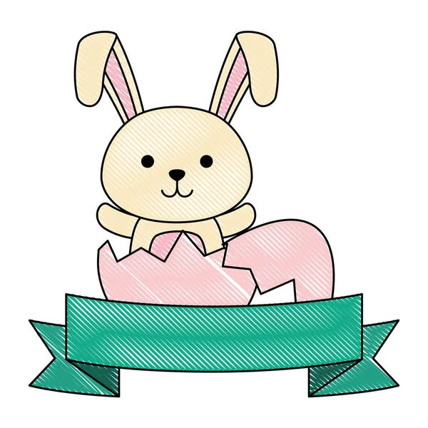 Lindo conejo con huevo roto celebración de Pascua — Vector de stock