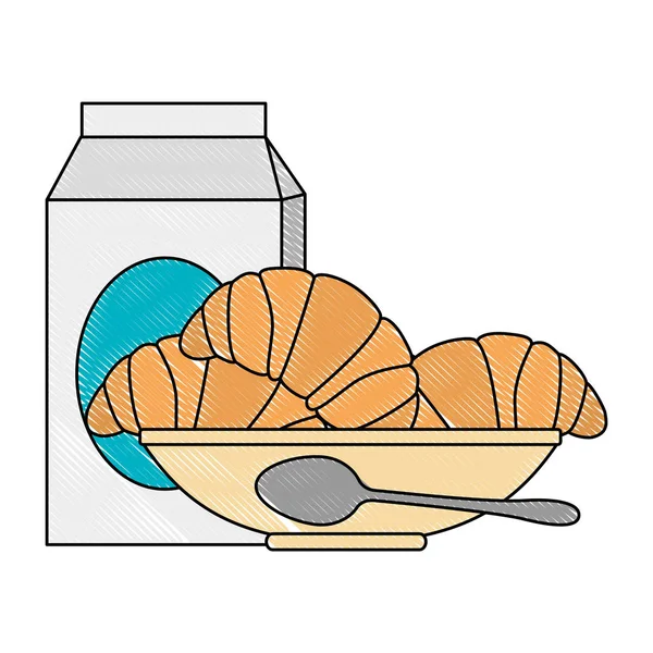 Croissant de pain délicieux dans le plat et la boîte à lait — Image vectorielle