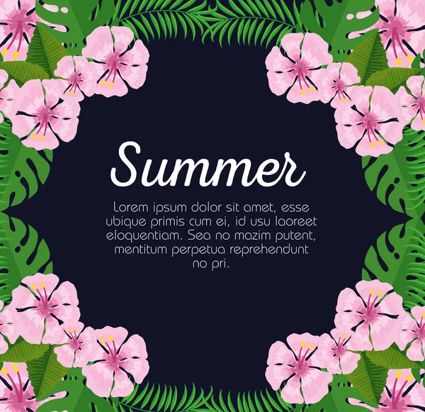 Tarjeta de verano con flores y hojas exóticas — Vector de stock