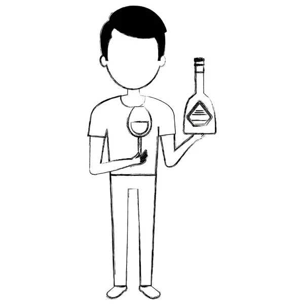 Homem com bebida garrafa de uísque —  Vetores de Stock