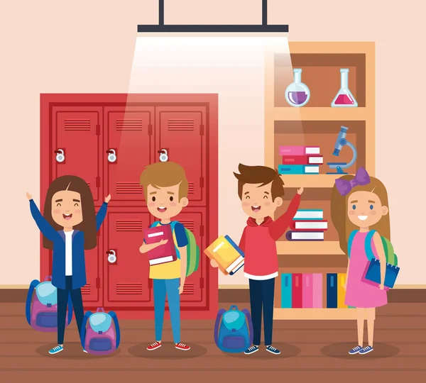 Meisjes en jongens studenten met kluisjes en boekenkast — Stockvector