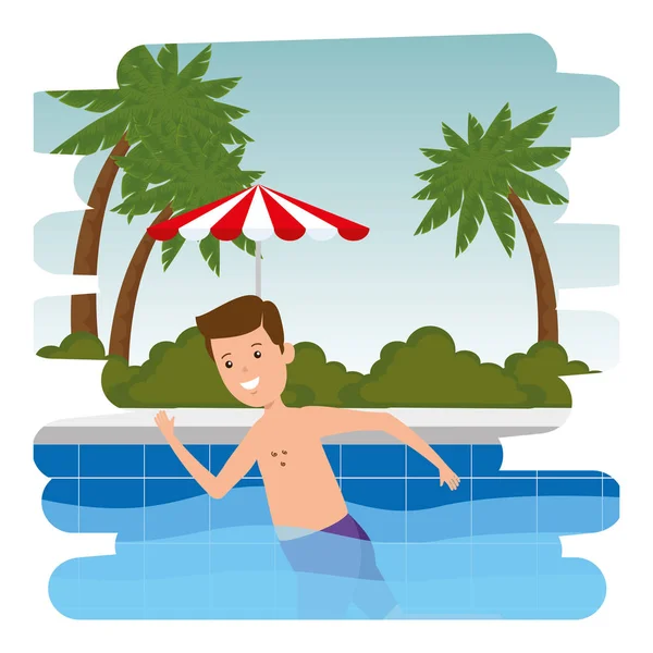 Homme nageant dans la piscine avec parapluie scène — Image vectorielle