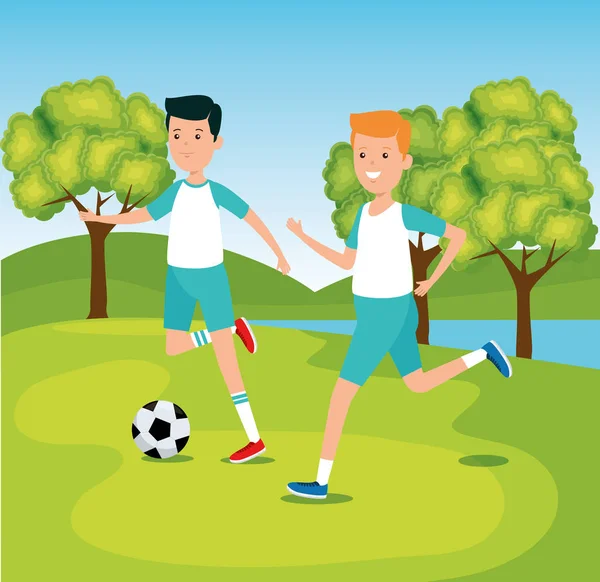 Jongens spelen en trainen voetbal activiteit — Stockvector