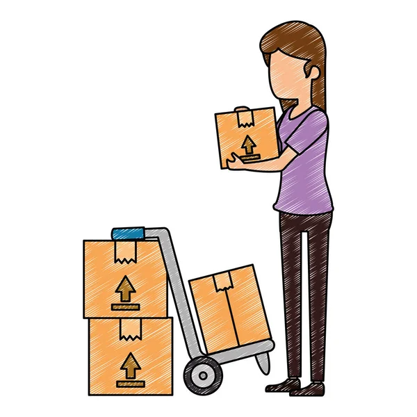 Mulher recebendo mercadoria com caixas e carrinho — Vetor de Stock
