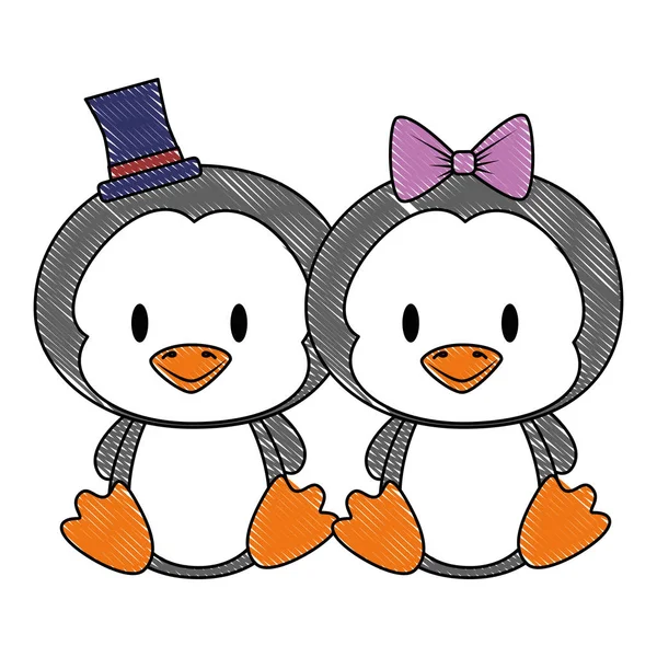 Χαριτωμένο και αξιολάτρευτο ζευγάρι πιγκουίνους χαρακτήρες — Διανυσματικό Αρχείο