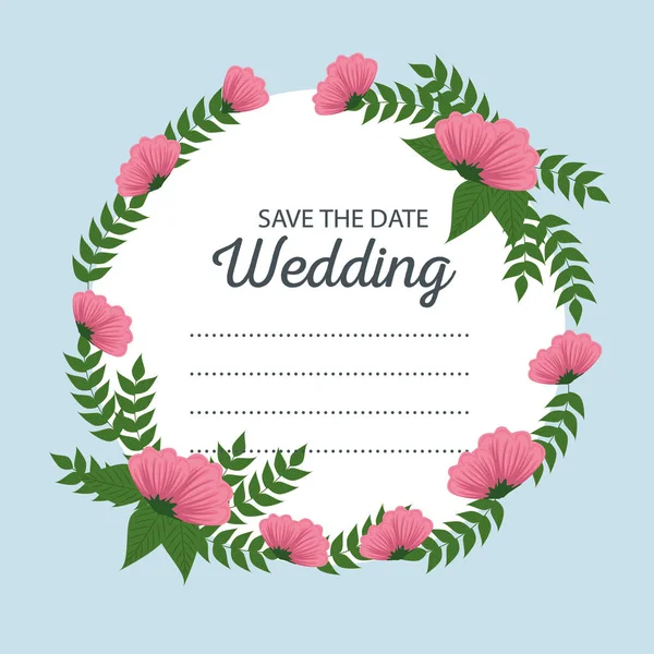 Hochzeitskarte Veranstaltung mit Blumen und Zweigen Blätter Design — Stockvektor