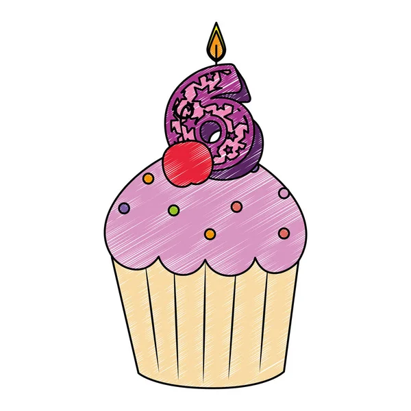 Dulce cupcake con vela número seis — Archivo Imágenes Vectoriales