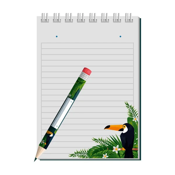 Notepad and pencil with tropical fauna print — Stock Vector