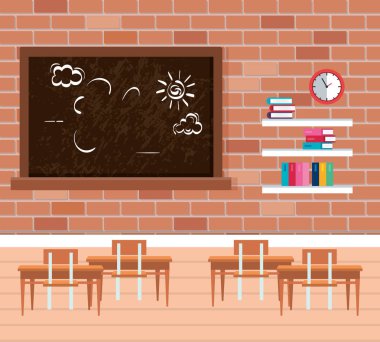 okul sınıfında raf ahşap ve tebeşir tahtası