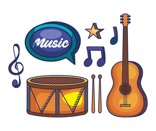 Conjunto de tambor con guitarra y clave de agudos con notas de pluma y viga — Vector de stock