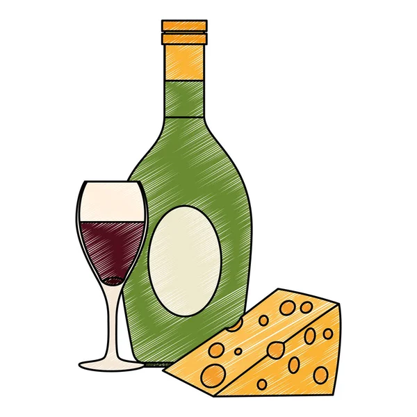 Botella de vino con taza y queso — Vector de stock