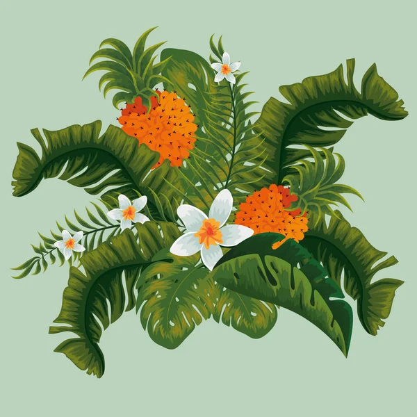 Ananas met exotische bloemen planten en bladeren — Stockvector