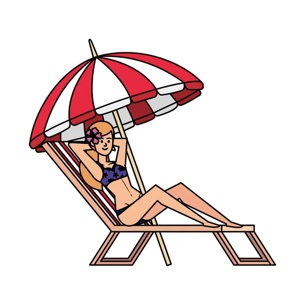 우산 아바타 캐릭터와 해변 의자에 아름다운 소녀 — 스톡 벡터