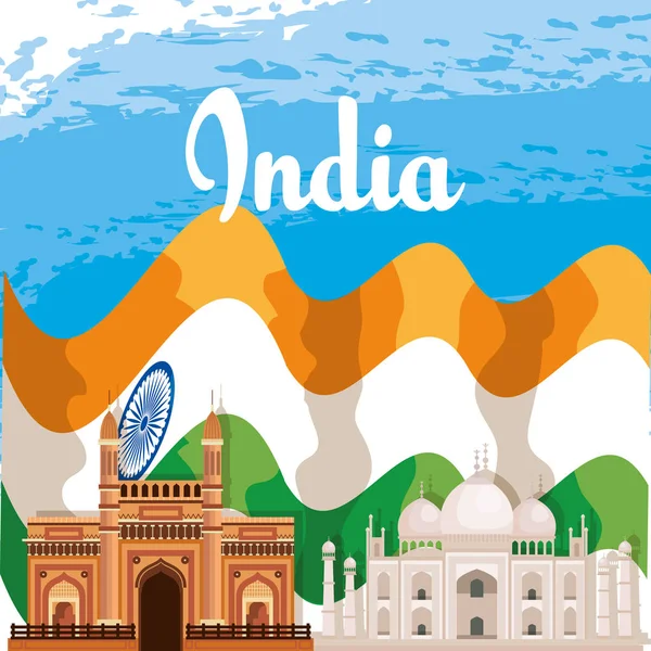 印度建筑与泰姬陵和国旗 — 图库矢量图片