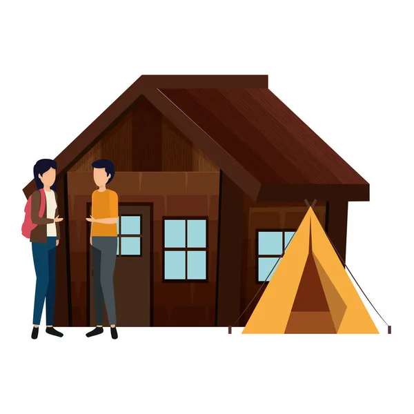 Casal com cabine de madeira com tenda — Vetor de Stock