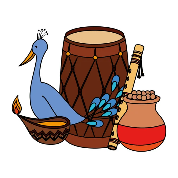 Tambor indiano com vela e pavão — Vetor de Stock