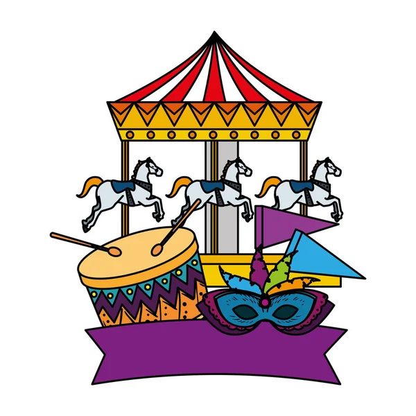 Carrousel carrousel chevaux avec tambour et masque — Image vectorielle