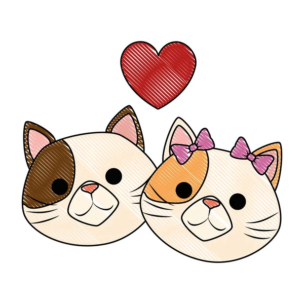 Aranyos macskák kabalái fej szív karakterek — Stock Vector