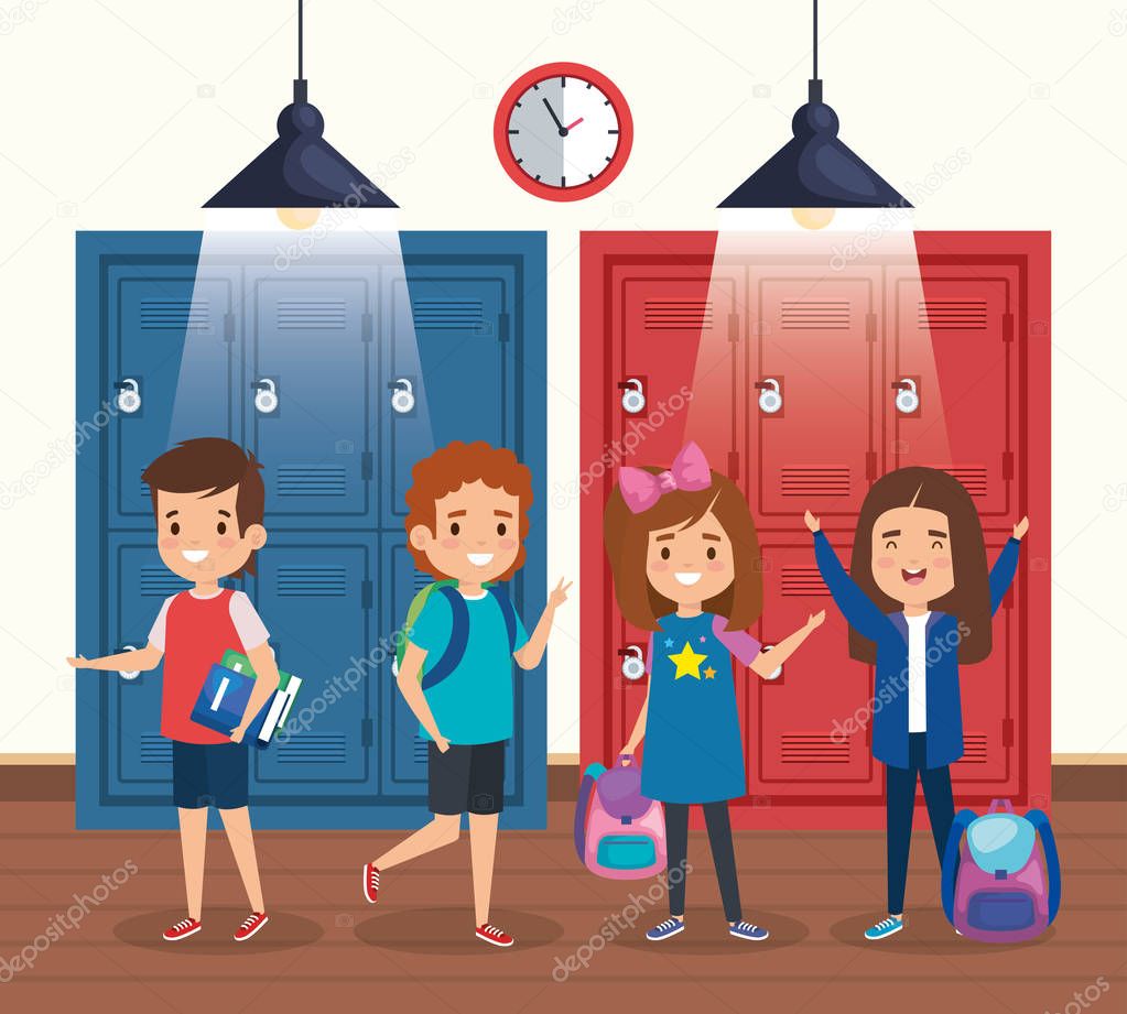 girls and boys students with backpack and lockers with clock