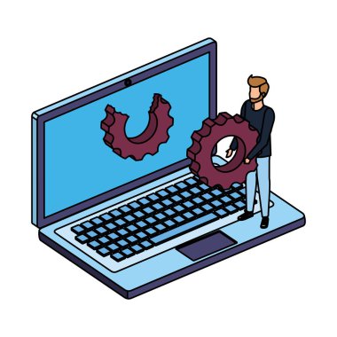 dizüstü bilgisayar ve vites ayarları ile genç adam