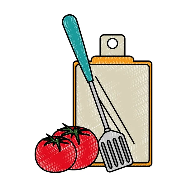 Verse tomaat met snijplank en bestek — Stockvector