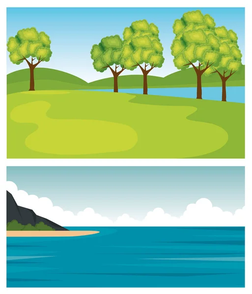 一套自然树木与山和灌木植物 — 图库矢量图片