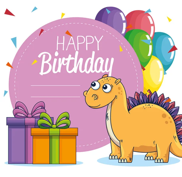 Stegosaurus-Etikett mit Geschenken und Luftballons — Stockvektor