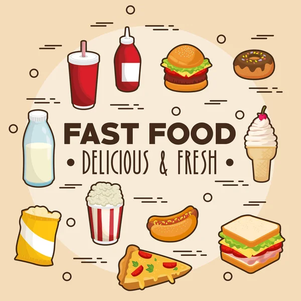 Conjunto de colorido cartoon fast food —  Vetores de Stock