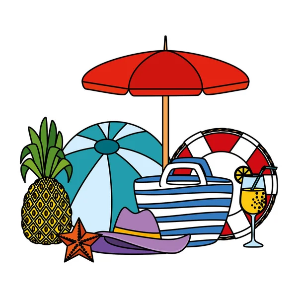 Pláž deštníků a balónku s ikonami v létě — Stockový vektor