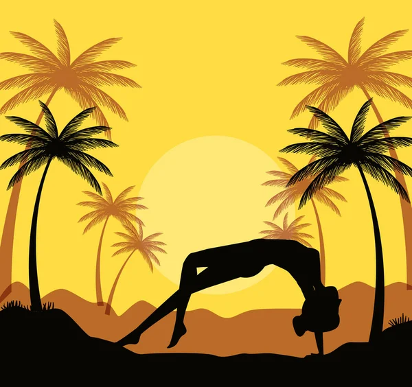 Woman practice yoga with pines trees and mountains — Stock Vector