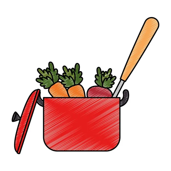 Mutfak tenceresinde ve kepçede pişirilen sebzeler — Stok Vektör