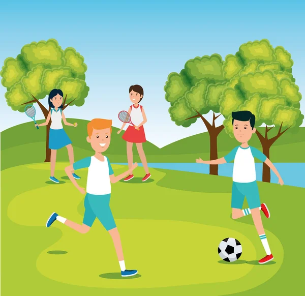 Niños practican fútbol y niñas entrenando tenis — Vector de stock