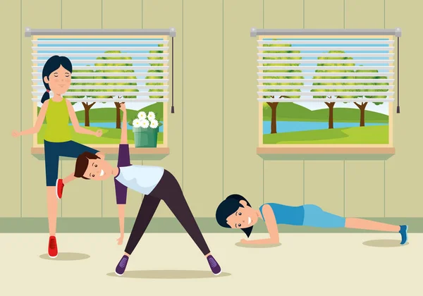 Ragazze e ragazzi pratica yoga esercizio di fitness in casa — Vettoriale Stock