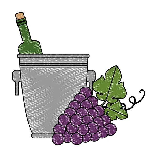 Bottiglia di vino in secchio e uva — Vettoriale Stock